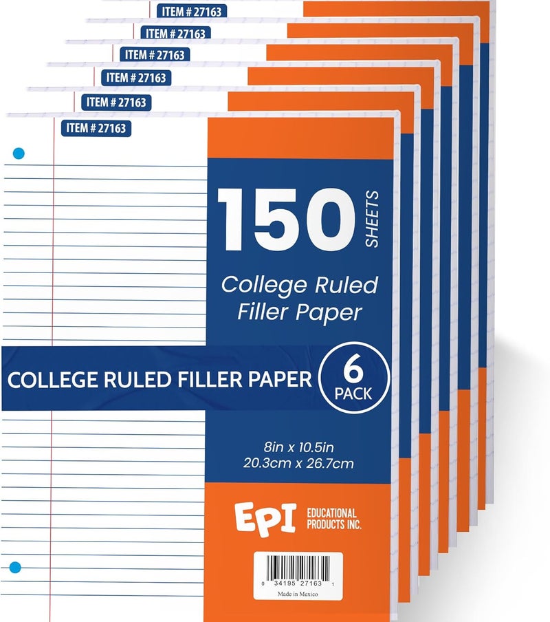 EPI Filler Paper | College Ruled | Loose Leaf, 3-Hole Punched, 10.5 x 8 in, 150 Sheets | School, Office, Notes, Binder Refill - 6 Pack - Image 1
